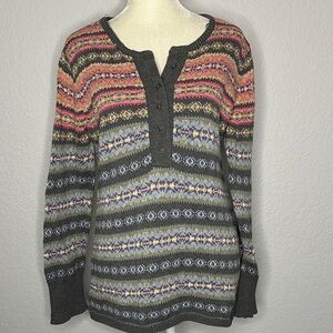 Talbots Petites Fairisle Henley Gray and Pink Patterned Women's Sweater SP